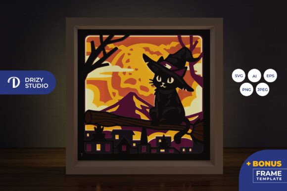 Flying Witch Cat 3D Layered Paper Cut – A Playful Graphic for Craft Branding