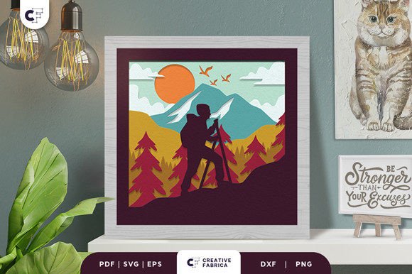 Man Trekking 3D Shadow Box Paper Cut: A Versatile 3D SVG for Outdoor-Themed Design Projects