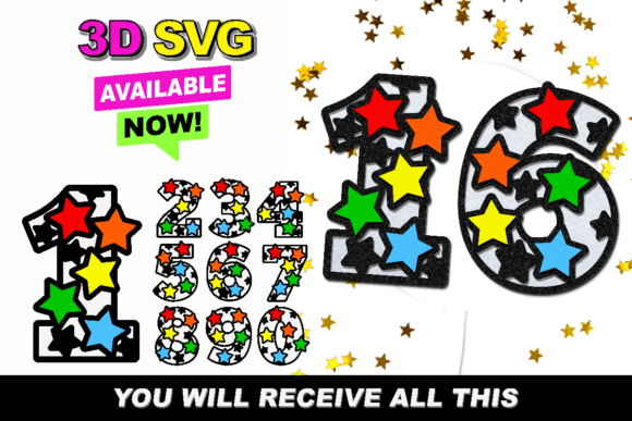 Rainbow Stars Numbers 3D SVG